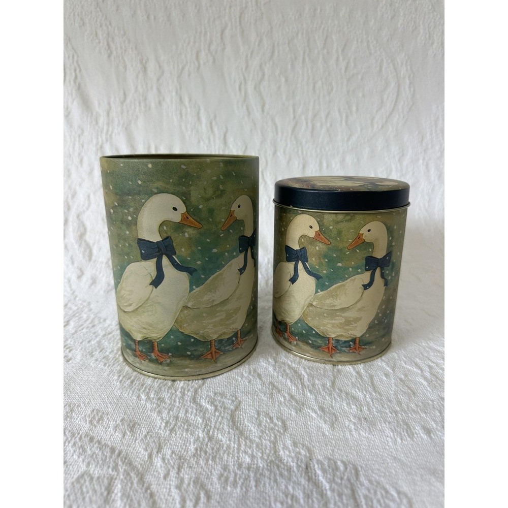 Vintage Nesting Canister Tins Metal Tin Goose Geece Duck Kitchen Set 2 Blue Bow
